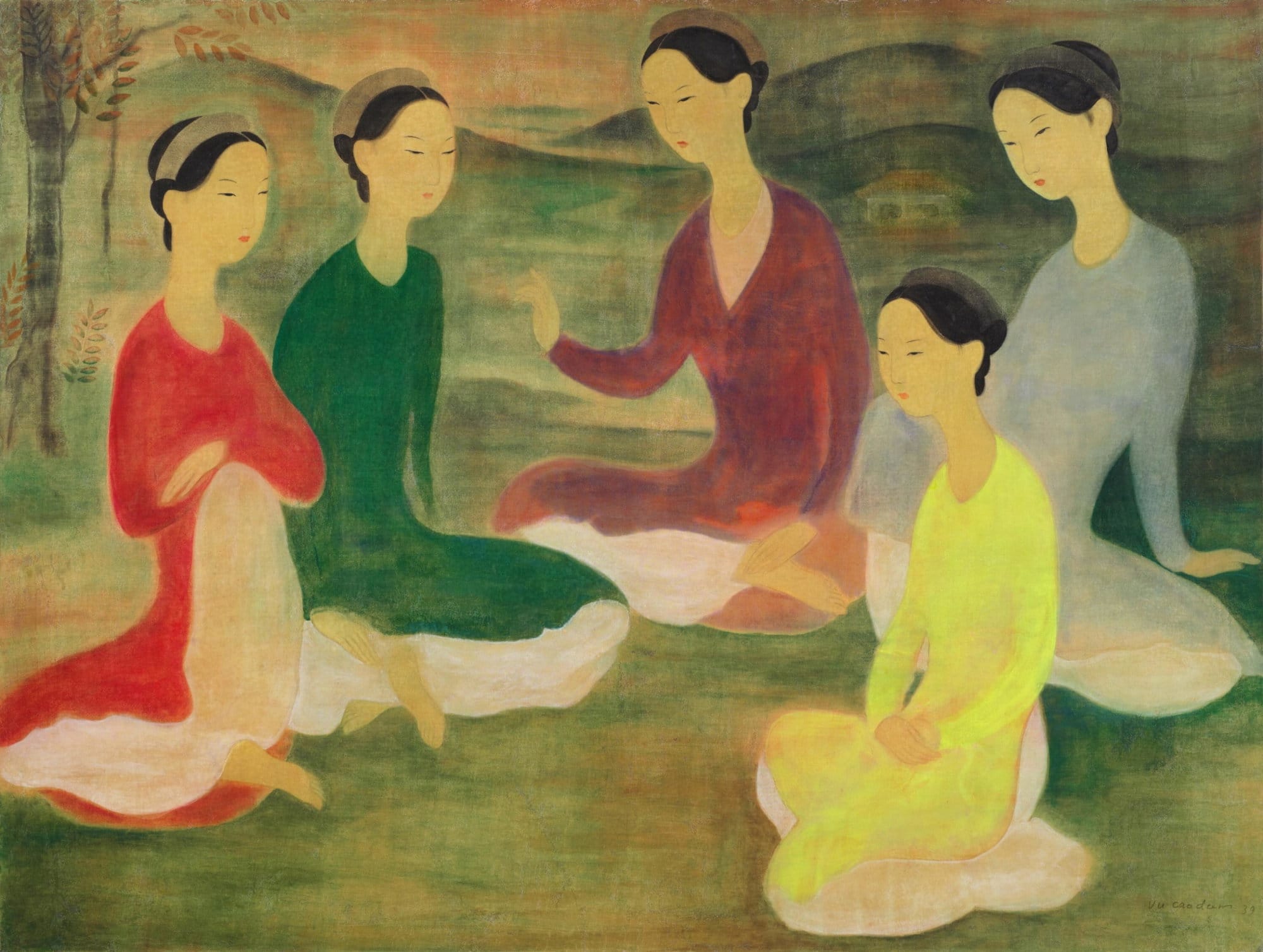 武高談 1939 年的絹畫《花園雅敘》,畫中五位女性穿著不同顏色的奧黛。圖/Sotheby's