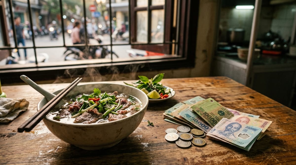 河內舊城區屋頂空拍：密集的細長屋舍與遠處新建高樓對照，象徵河內快速都市化下的住房壓力