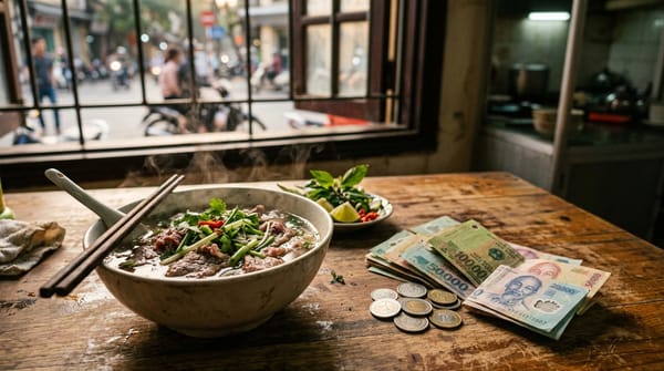 河內舊城區屋頂空拍：密集的細長屋舍與遠處新建高樓對照，象徵河內快速都市化下的住房壓力