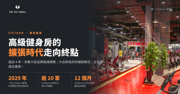 越南健身房器材區，圖片標題為「越南高級健身房的擴張時代，正在走向終點」