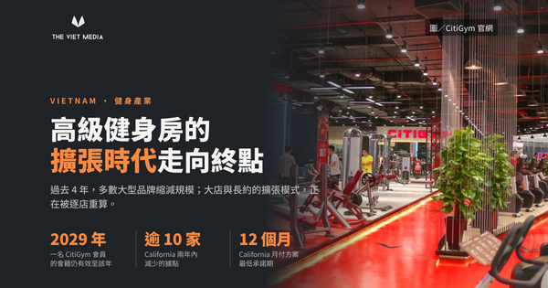 越南健身房器材區，圖片標題為「越南高級健身房的擴張時代，正在走向終點」
